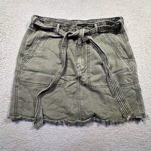 American Eagle Olive Green Mini Skirt Size 4 Belted Frayed Hem Utility Pockets‎